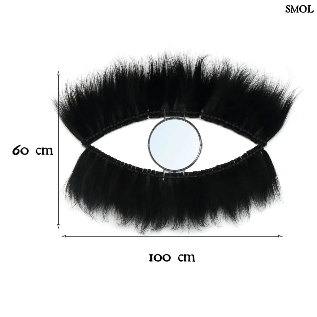 Falitükör fekete fűből, ovális formában, természetes anyagból készült, méretekkel