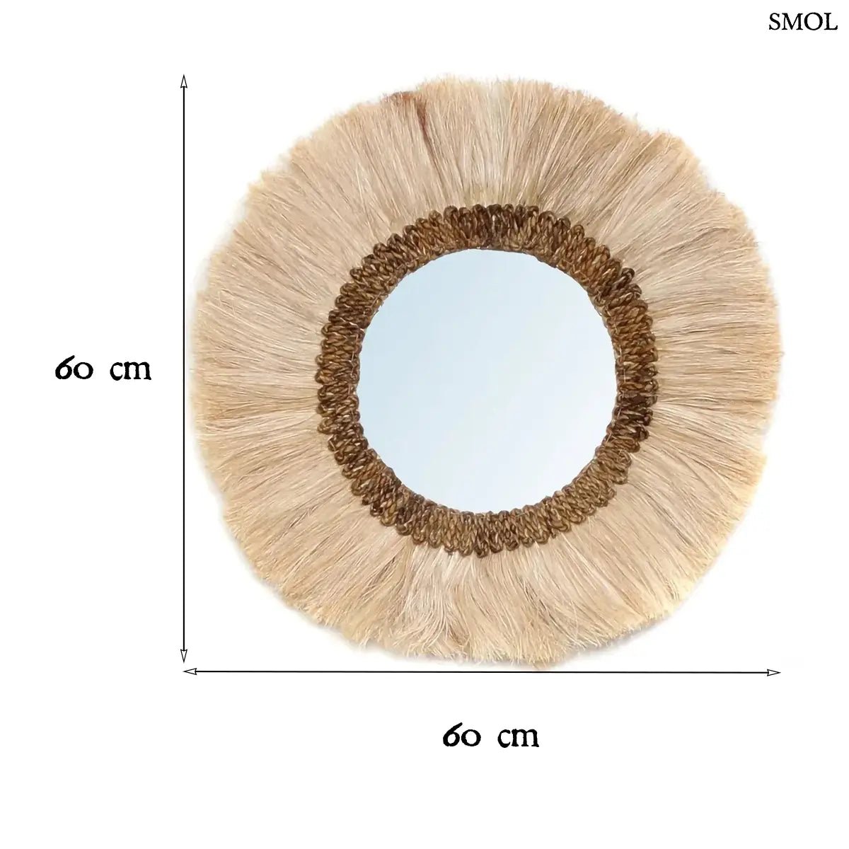 Kerek falitükör natúr fű díszítéssel és rojtos boho kerettel, méretekkel