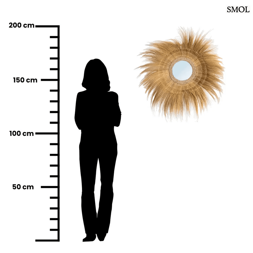 Kézzel font, kör alakú falitükör természetes szárított fűből, napsugár formájú szálakkal és mélyített üvegfelülettel, méretarányosan