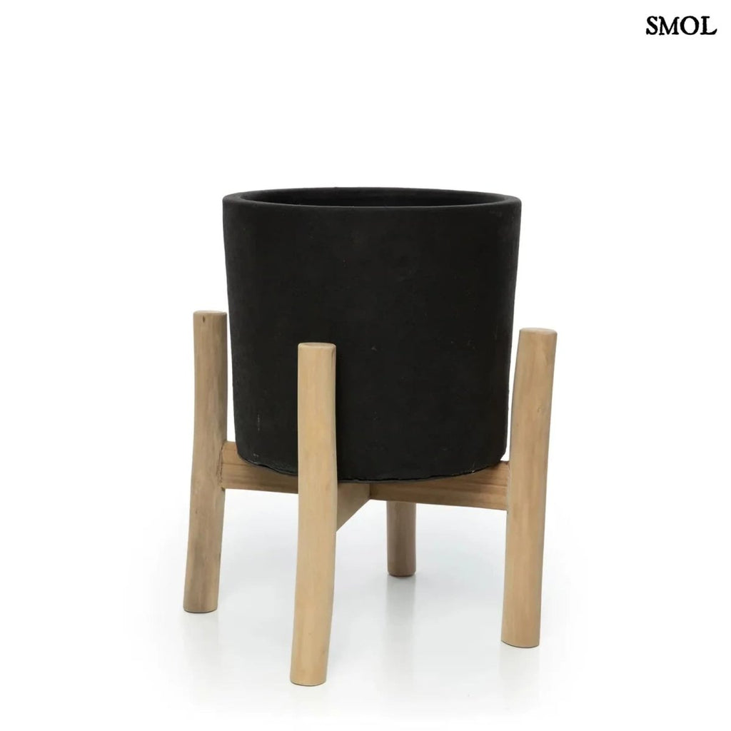 Fekete Terrakotta Virágtartó Teak Fa Lábbal | CHARCOAL LOW - SMOL