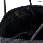 Fekete fonott bőr válltáska és óriás pakolós táska elegáns, kézzel készített textúrával, kapccsal