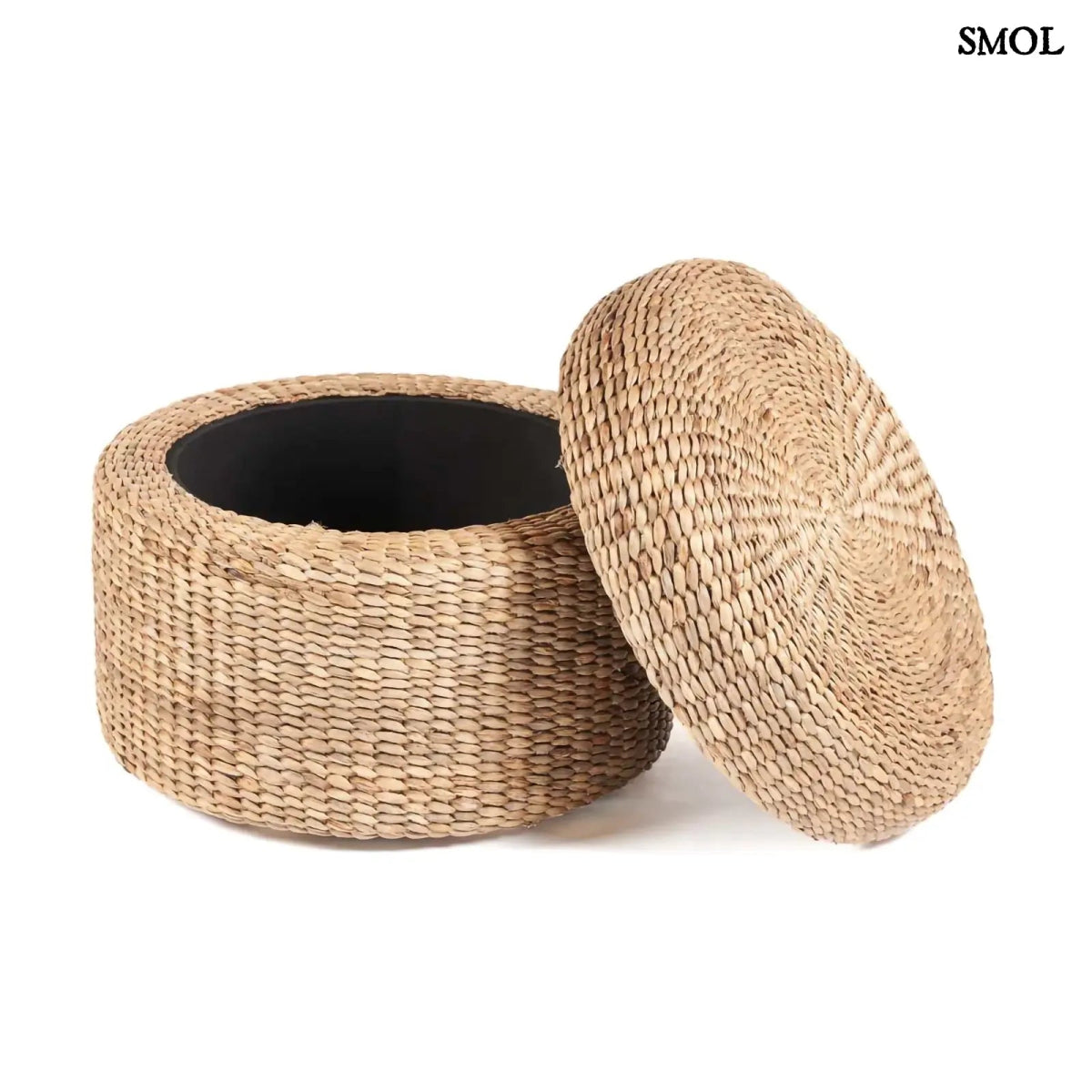 Kerek, fonott tároló puff natúr vízijácintból, zárt fedővel, elcsúsztatott fedővel