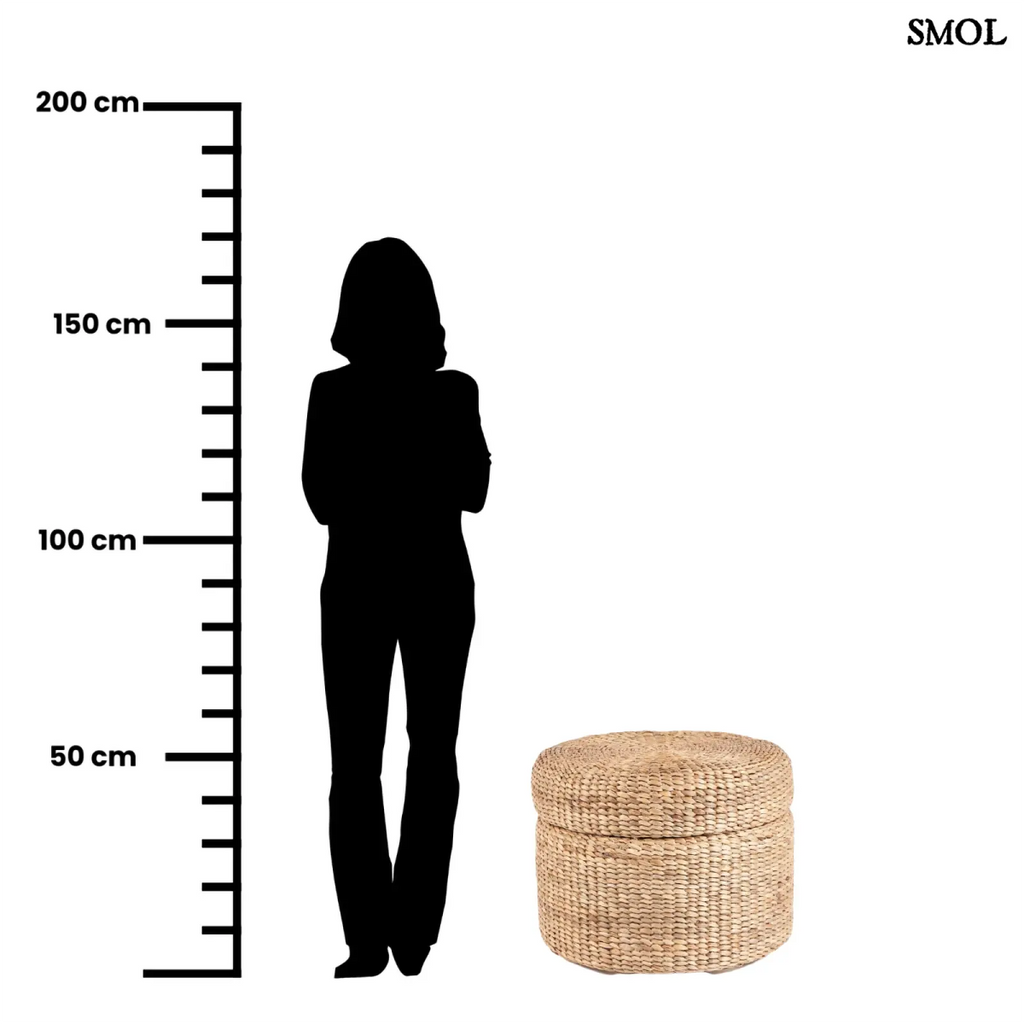 Kerek, fonott tároló puff natúr vízijácintból, zárt fedővel, méretarányosan