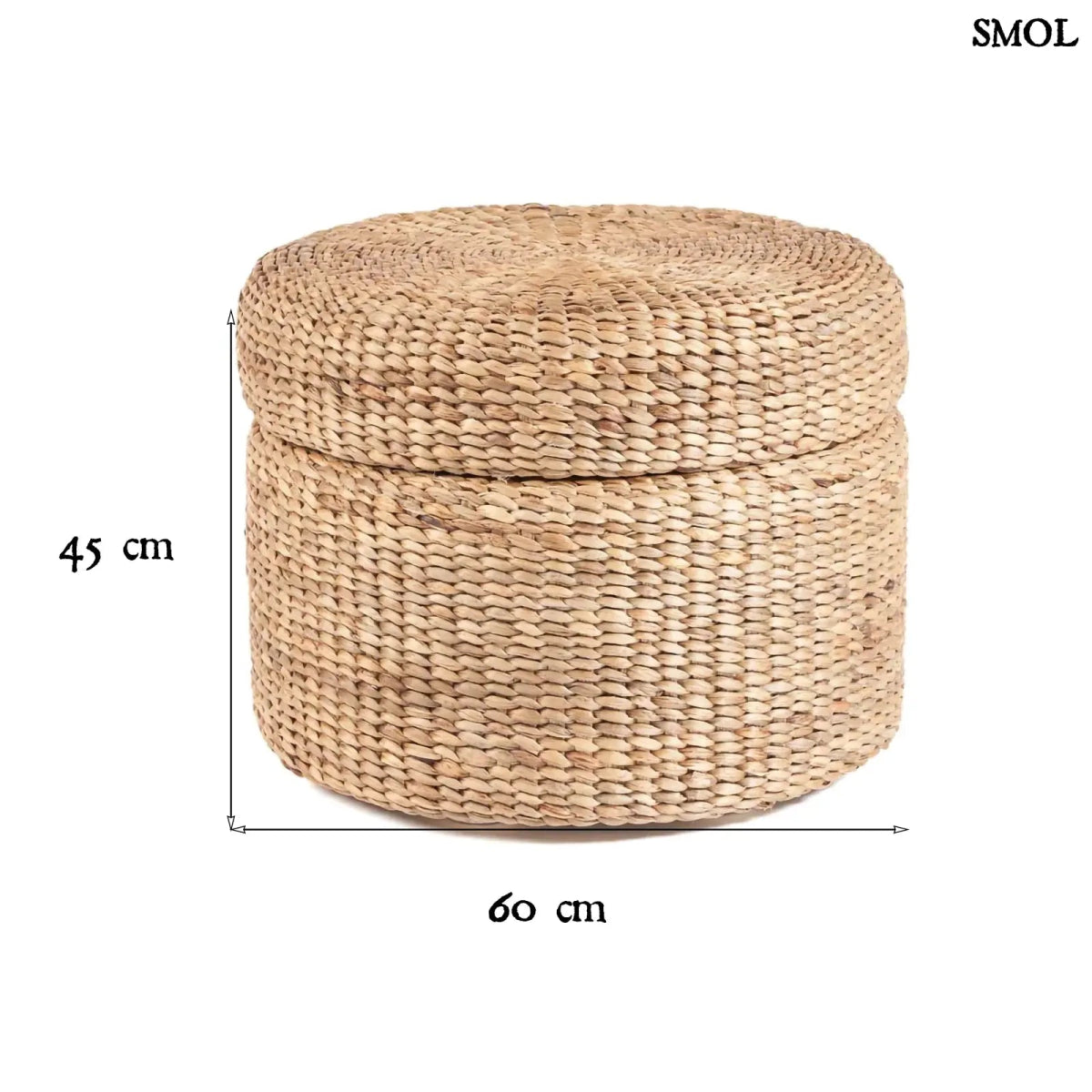 Kerek, fonott tároló puff natúr vízijácintból, zárt fedővel, méretekkel