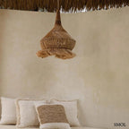 Természetes abaka fűből készült, kézzel font bohém függőlámpaernyő, párnákkal