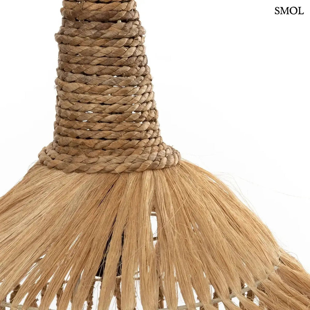 Természetes abaka fűből készült, kézzel font bohém függőlámpaernyő, felső rész nagyítva