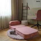 Gyerekfotel - ággyá alakítható, kordbársony | PINK MOUSSE | SMOL - ággyá alakítva, gyerekszobában, kiselefánttal