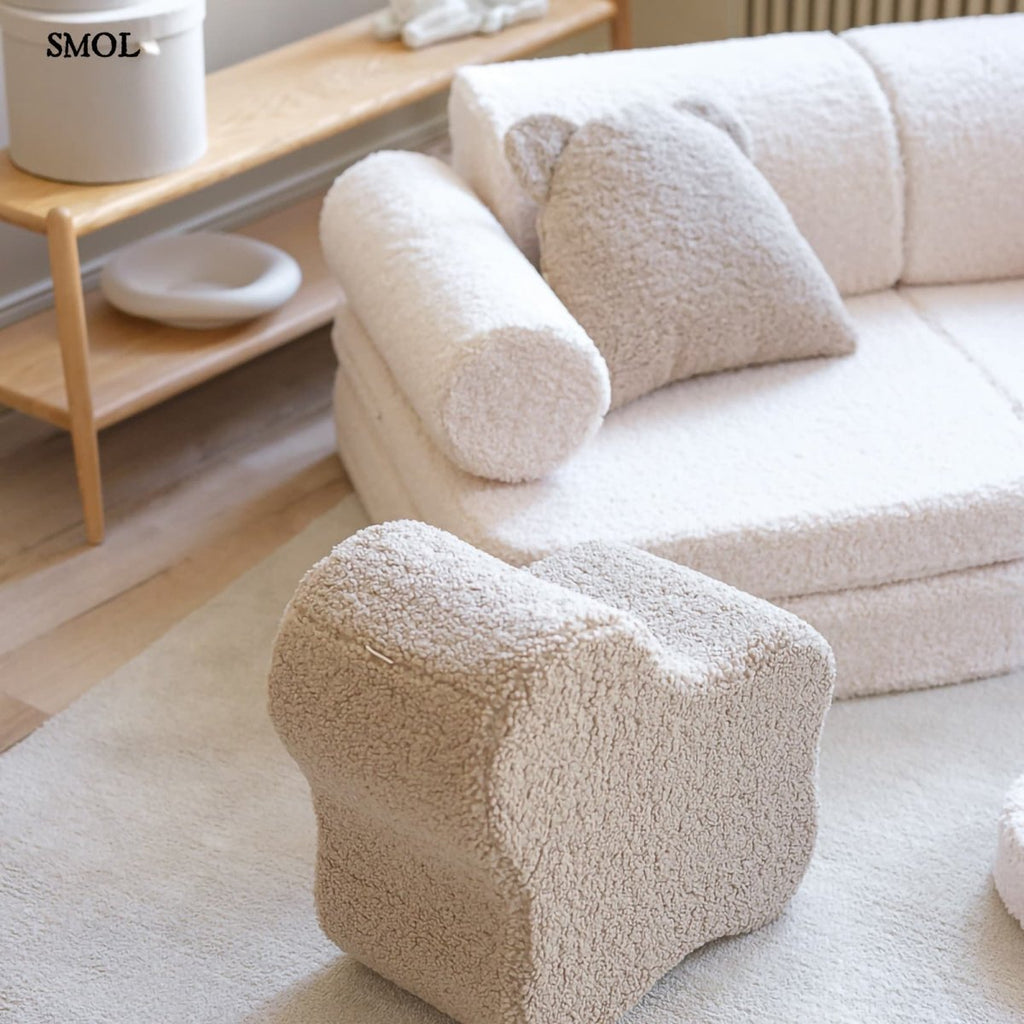 Gyerekkanapé, 9 részes, moduláris | CREAM WHITE - SMOL - mackó alakú gyerekpárnával