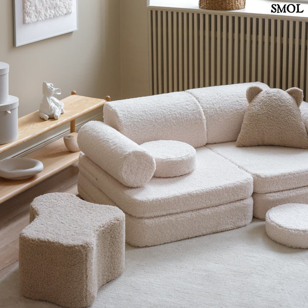 Gyerekkanapé, 9 részes, moduláris | CREAM WHITE - SMOL - hasonló színű kiegészítőkkel