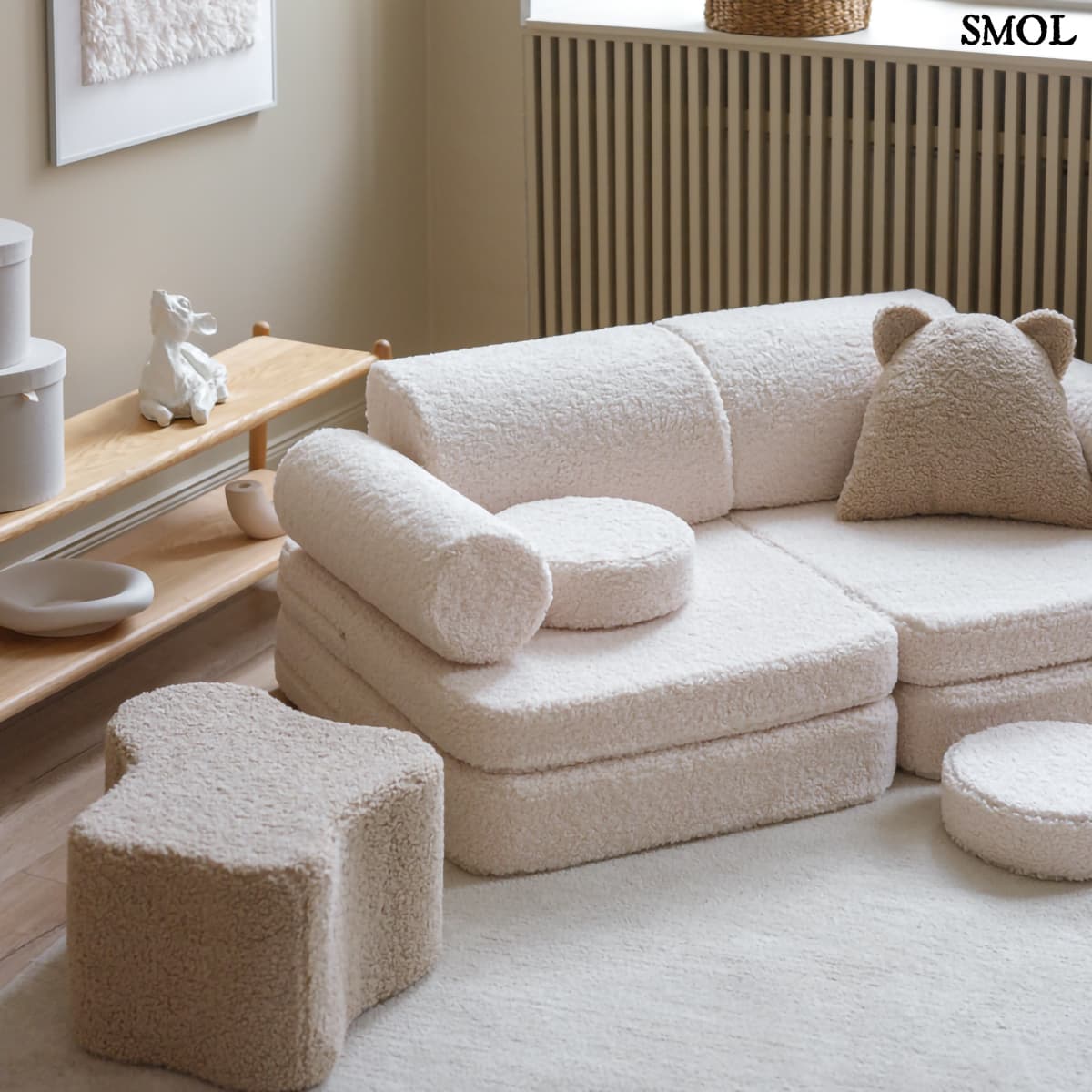 Gyerekkanapé, 9 részes, moduláris | CREAM WHITE - SMOL - hasonló színű kiegészítőkkel