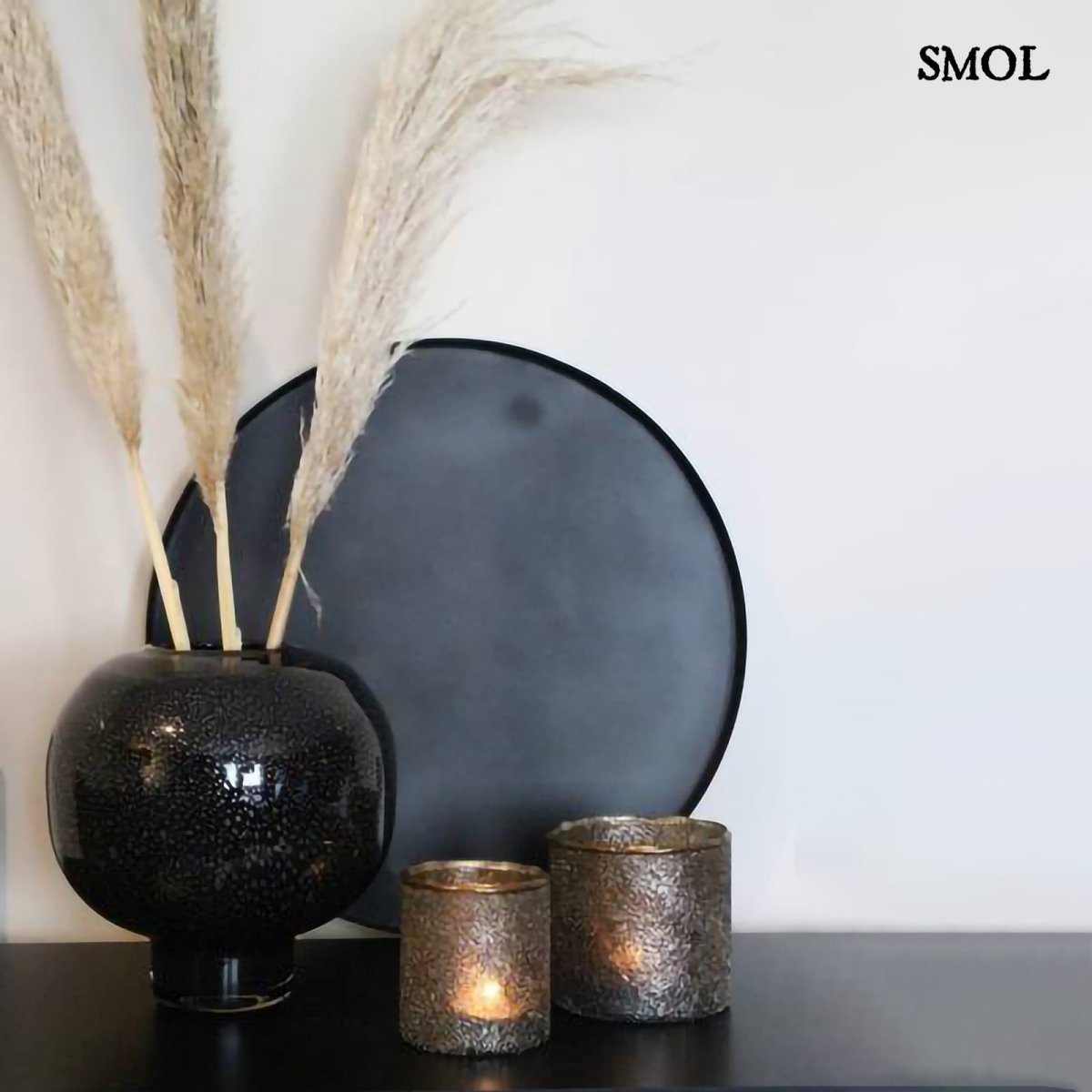 ALIA - fekete, üveg gyertyatartó és váza – 15 cm - smol.hu - száraz virággal