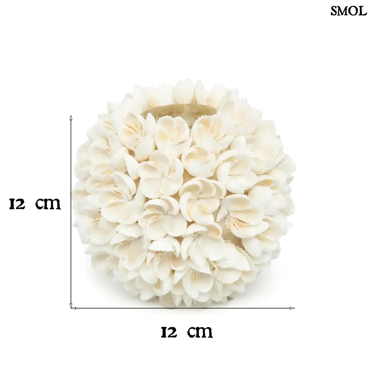 FLOWER POWER kagyló gyertyatartó, L méret, kézzel készült, gömb alakú, natúr fehér színű boho dekoráció kagylóvirág mintával méretekkel