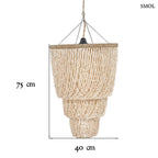 Háromszintes, vízesés formájú kézműves függőlámpa fehér tengeri kagylókból, természetes textúrával és fém vázzal, méretekkel