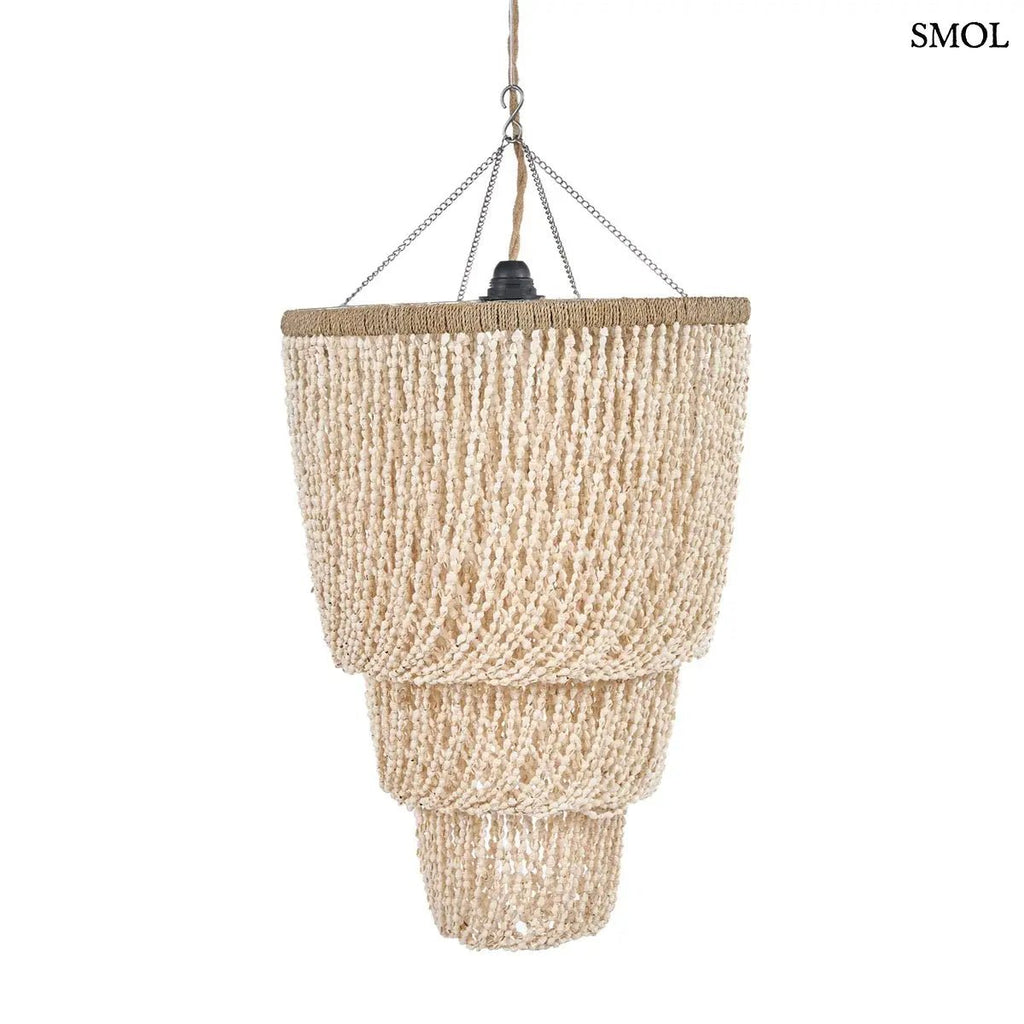 Kagyló csillár - kézzel készített balinéz függőlámpa természetes kagylóhéj rétegekkel, oldalról