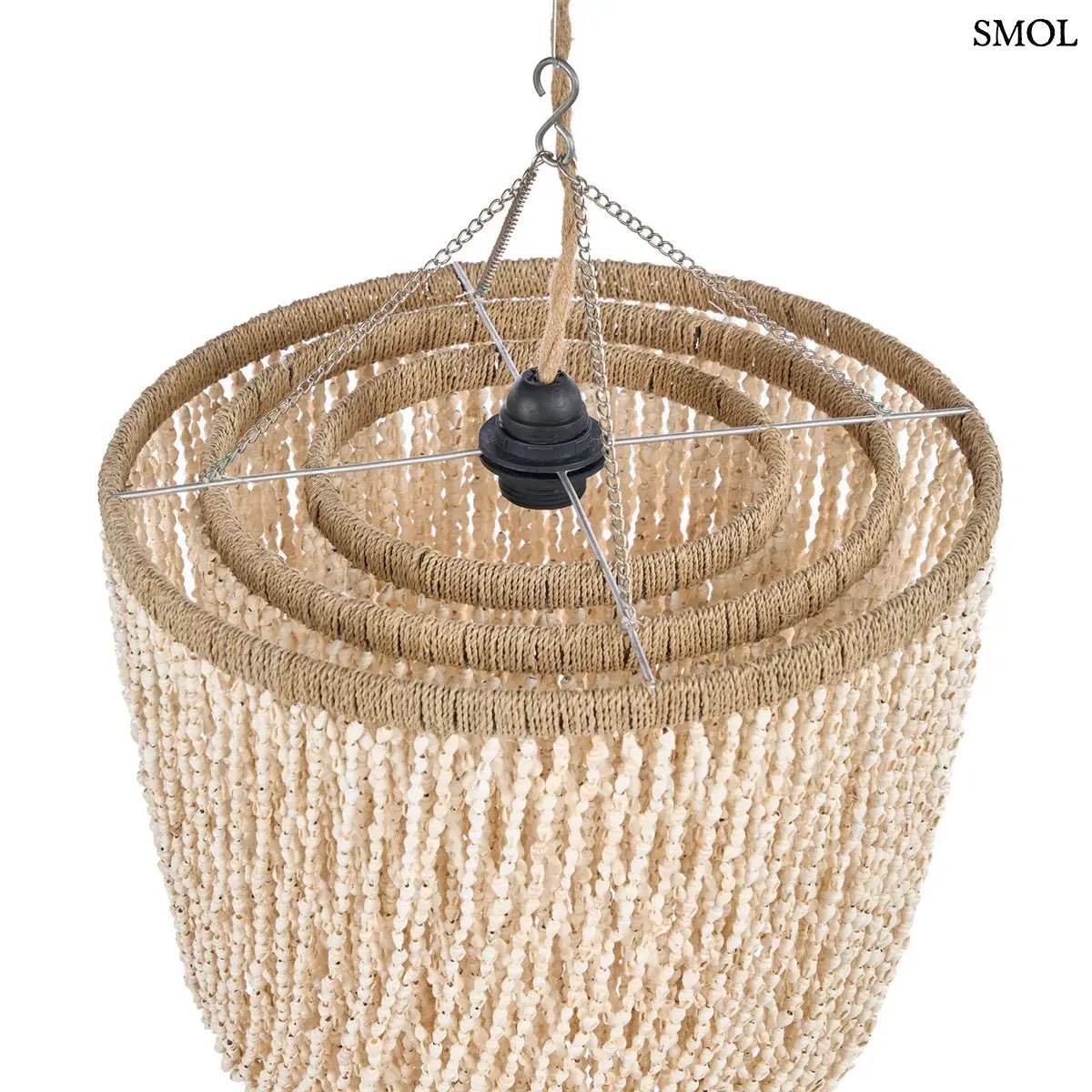 Kagyló csillár - kézzel készített balinéz függőlámpa természetes kagylóhéj rétegekkel, felső rész nagyítva