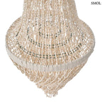 Lépcsőzetes kialakítású, fehér kagyló csillár natúr bojtos díszítéssel és fém vázzal, felülről