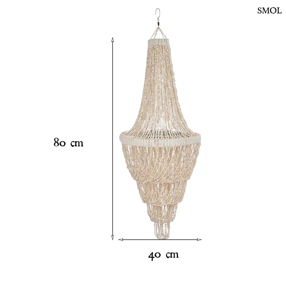 Lépcsőzetes kialakítású, fehér kagyló csillár natúr bojtos díszítéssel és fém vázzal, méretekkel
