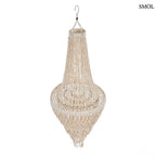 Lépcsőzetes kialakítású, fehér kagyló csillár natúr bojtos díszítéssel és fém vázzal, ferdén