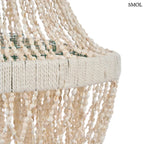 Lépcsőzetes kialakítású, fehér kagyló csillár natúr bojtos díszítéssel és fém vázzal, fonat nagyítva