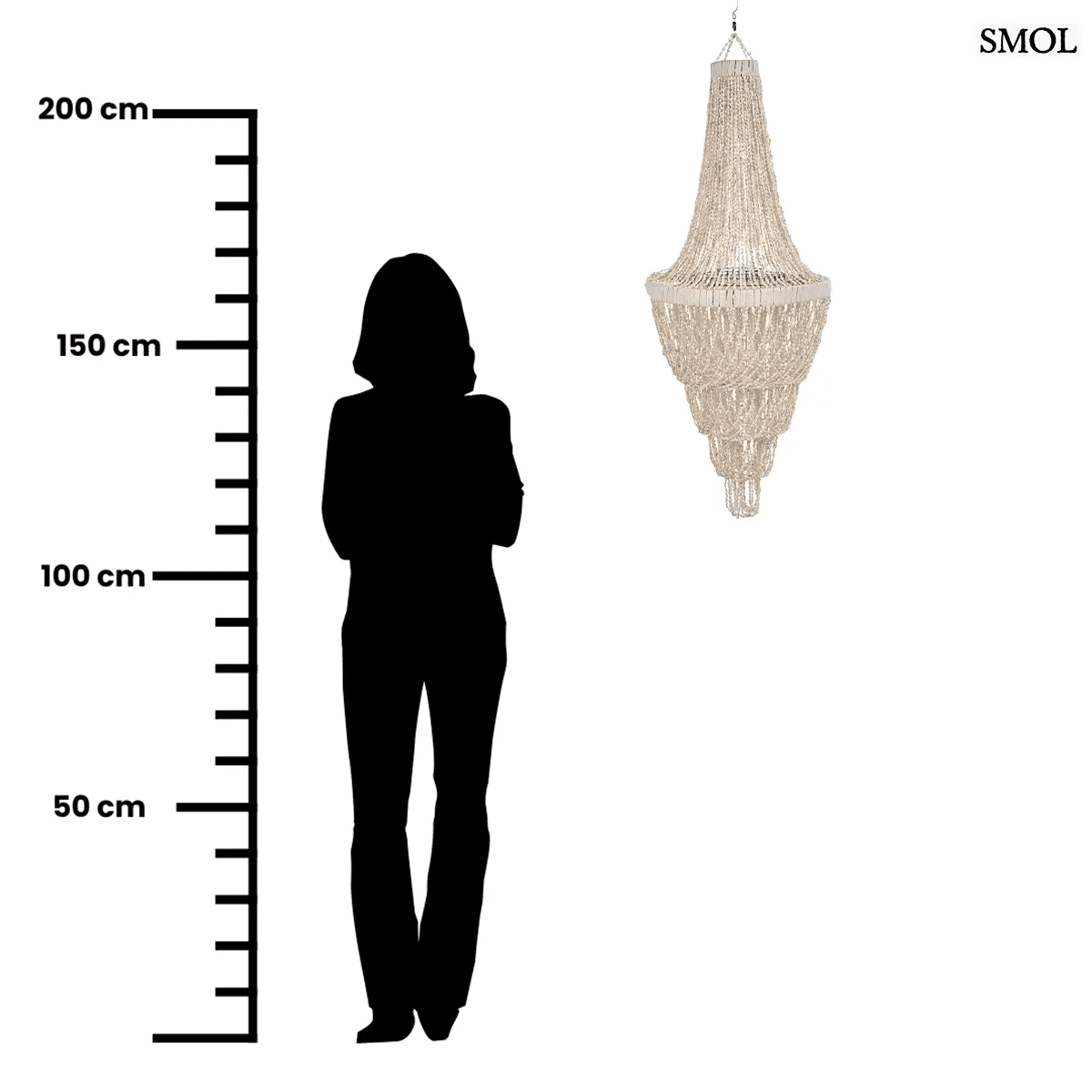 Lépcsőzetes kialakítású, fehér kagyló csillár natúr bojtos díszítéssel és fém vázzal, méretarányosan
