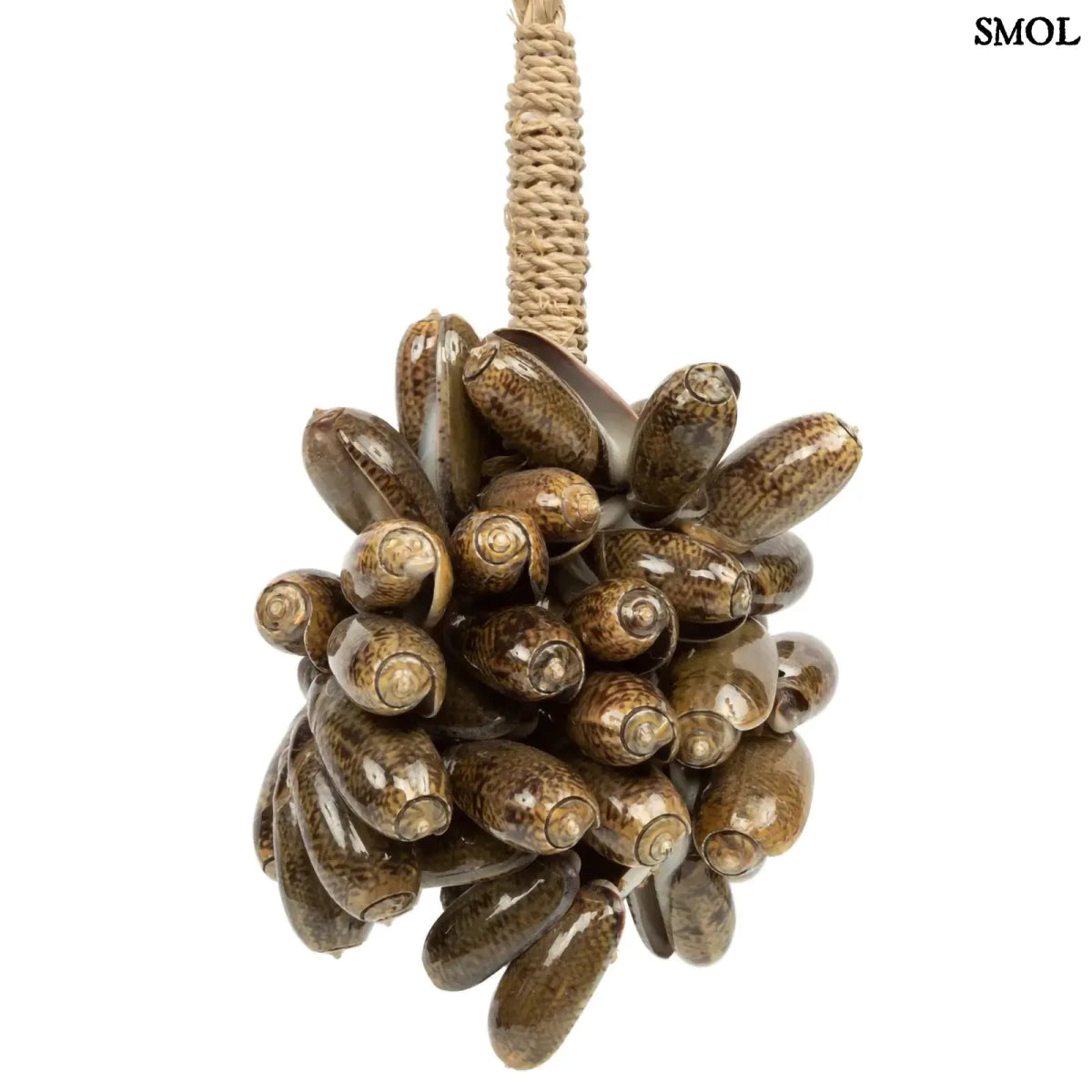 Barna kagyló függődísz, kézműves bojt formában, natúr kötélre akasztva kagylók nagyítva