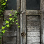  Barna kagyló függődísz, kézműves bojt formában, natúr kötélre akasztva szürke ajtón