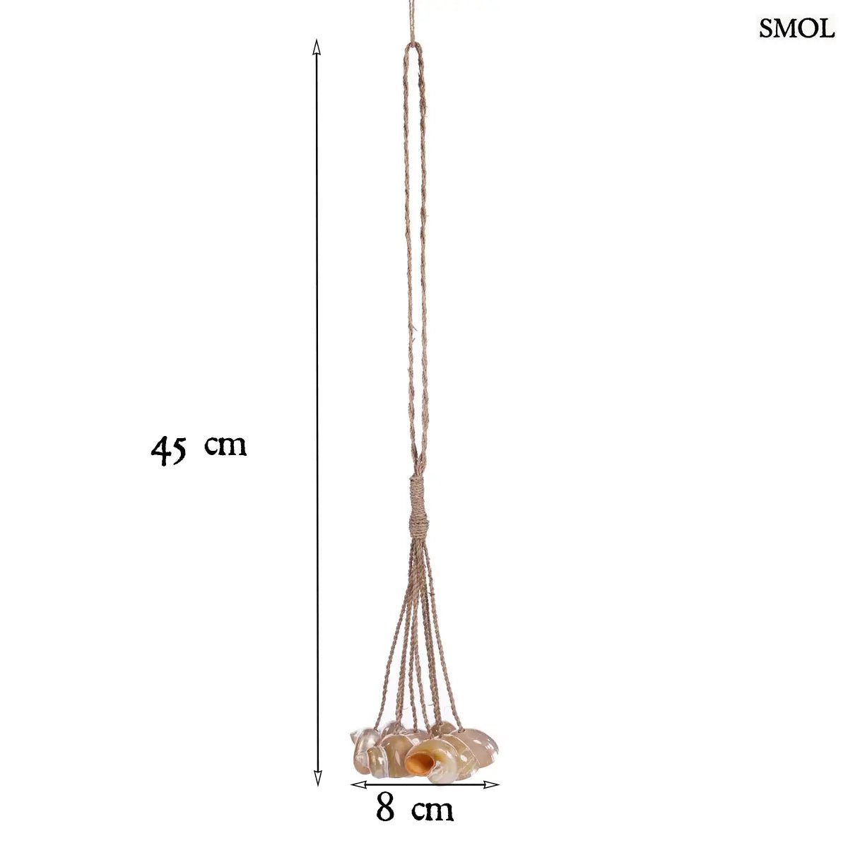 Kézzel készített kagylós dekoráció natúr kötélen függő conch kagylókkal, méretekkel