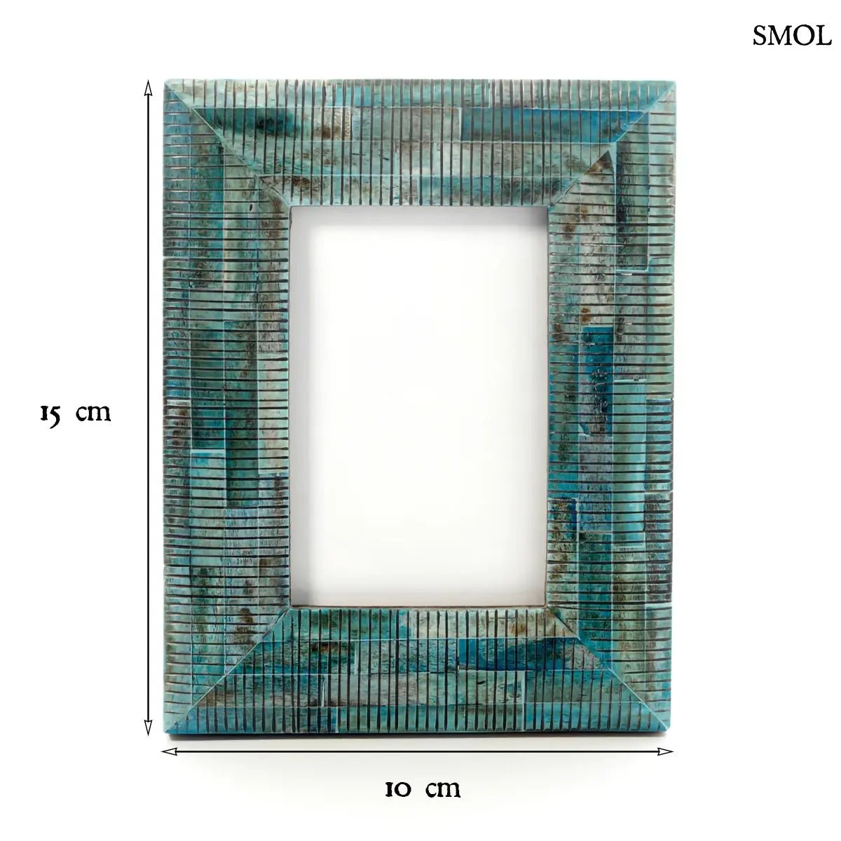 Türkizkék Ocean Ripple képkeret bordázott bivalycsont felülettel és márványos mintázattal, méretekkel