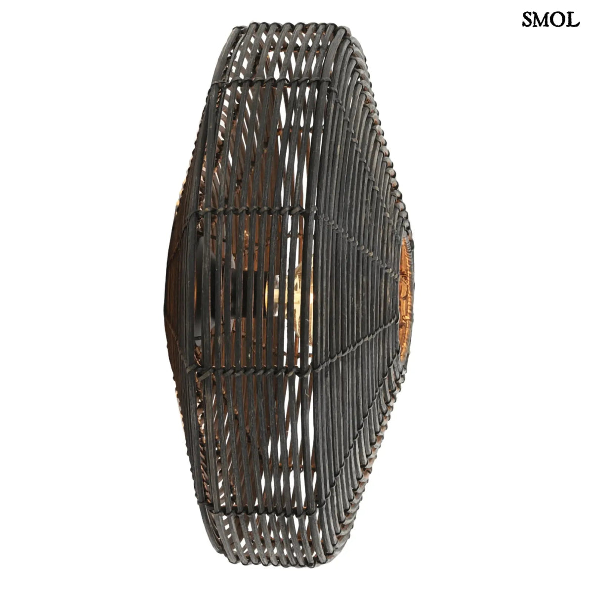 Kerek Rattan falilámpa – fekete | ALER | SMOL - oldalról, égő izzóval