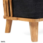 Kétszemélyes kanapé, újrahasznosított tíkfa kerettel és fekete kárpit párnákkal, lábak nagyítva