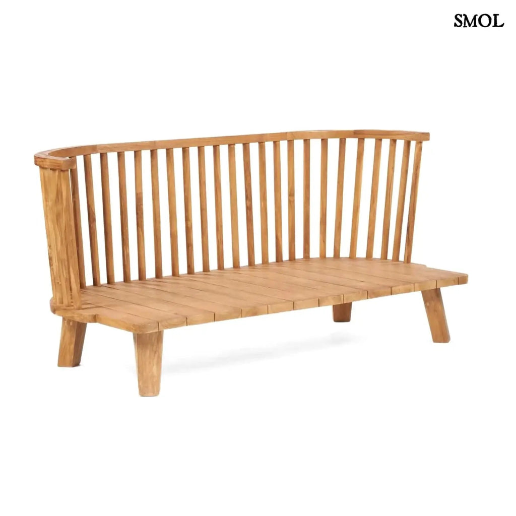 Kétszemélyes kanapé, újrahasznosított tíkfa kerettel és fekete kárpit párnákkal, keret