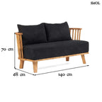 Kétszemélyes kanapé, újrahasznosított tíkfa kerettel és fekete kárpit párnákkal, méretekkel