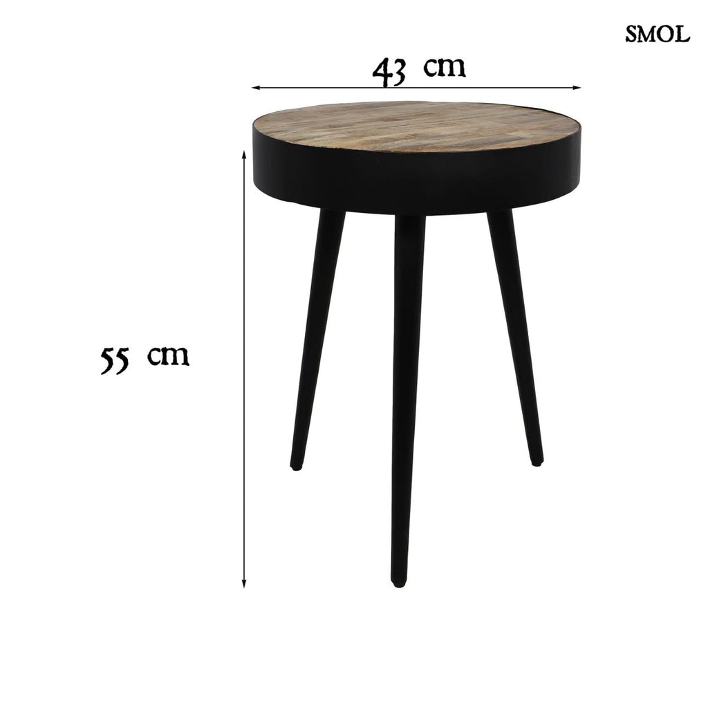 BARI - mangófa kisasztal – fekete fém lábakkal, 55 cm - smol.hu - méretekkel