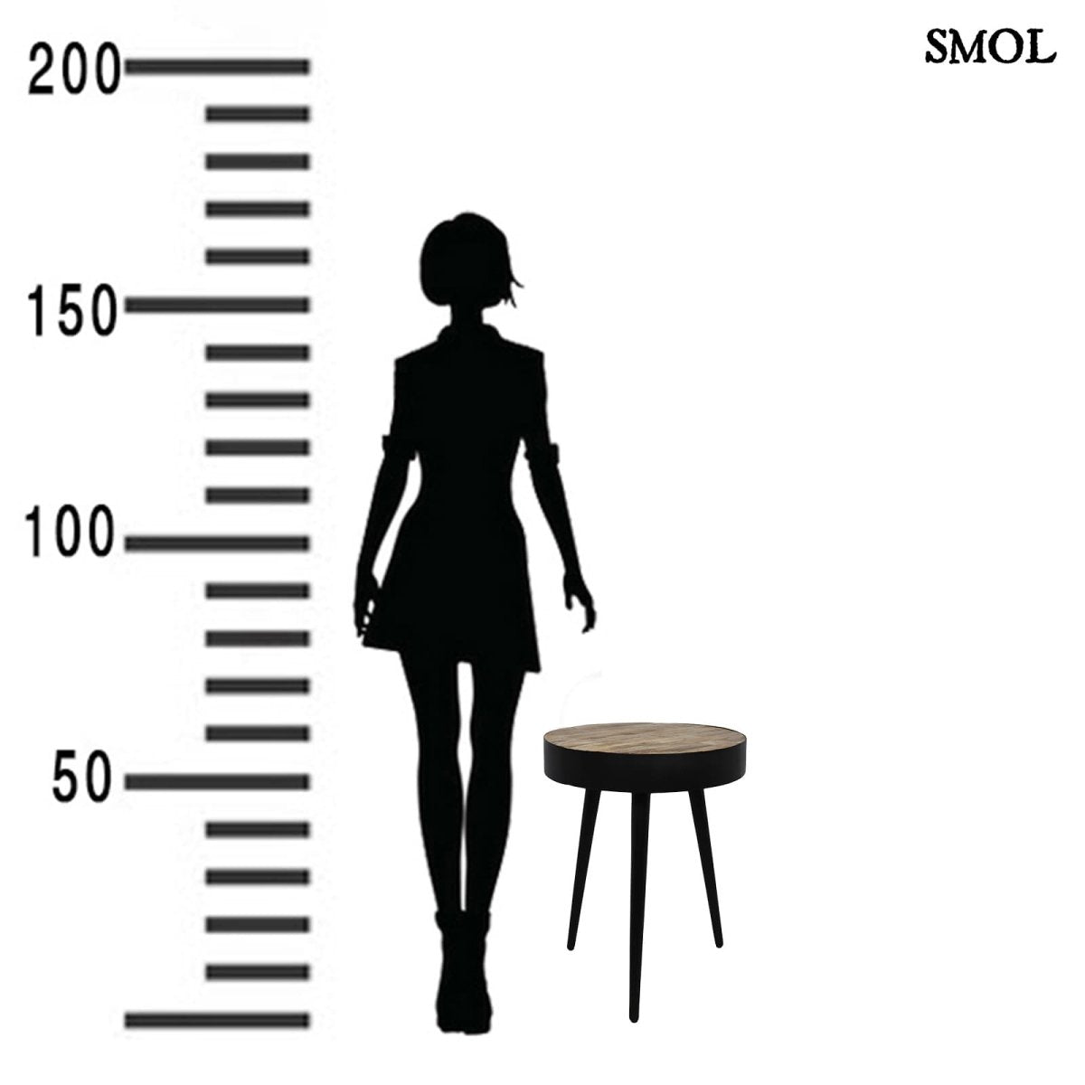 BARI - mangófa kisasztal – fekete fém lábakkal, 55 cm - smol.hu - méretarányosan
