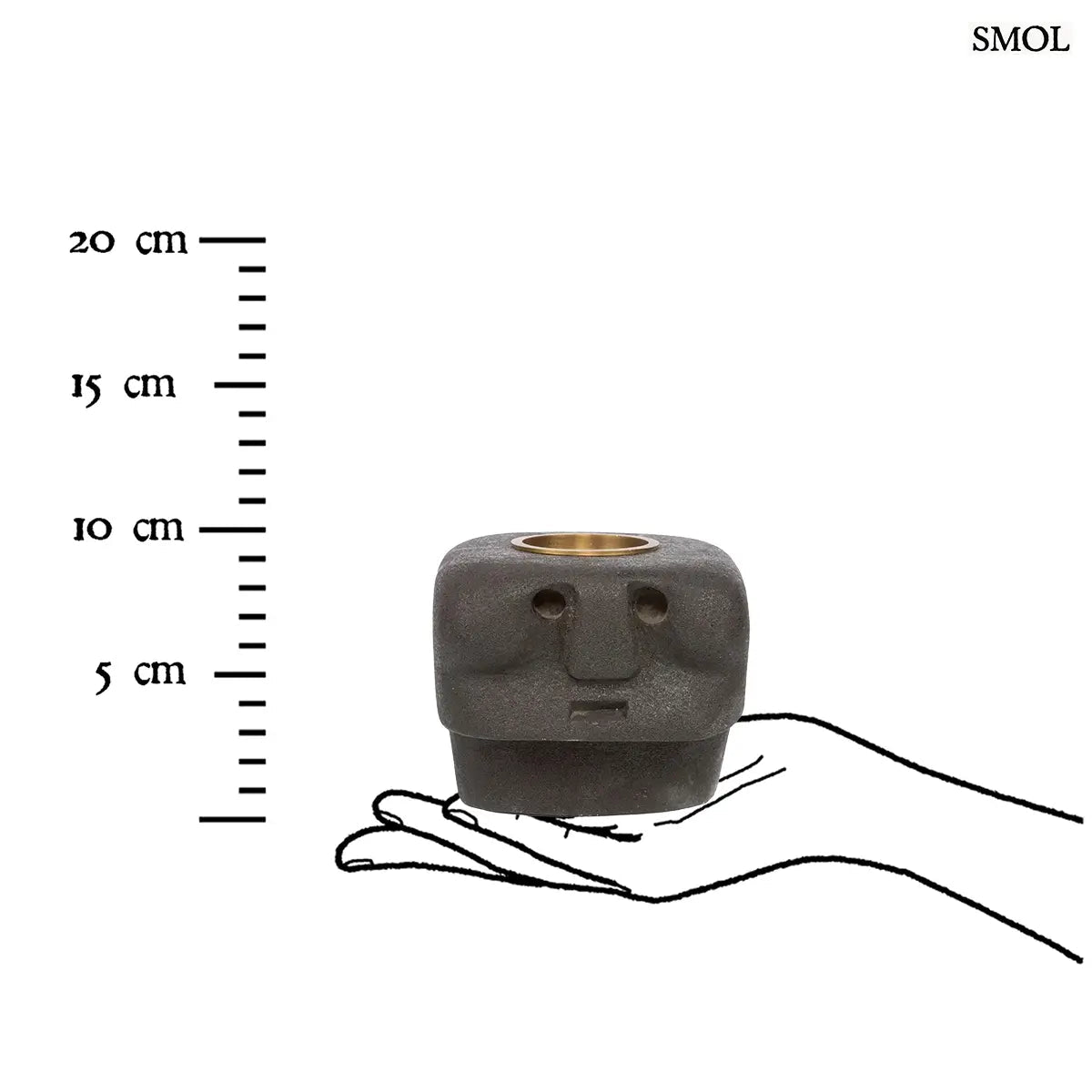 Kézzel faragott fekete kő mécsestartó misztikus arc szobor formában, sárgaréz betéttel, méretarányosan