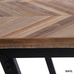 Halszálka mintás, összecsukható konzol asztal, natúr teakfa lappal és fekete fém vázzal középen, oldalról