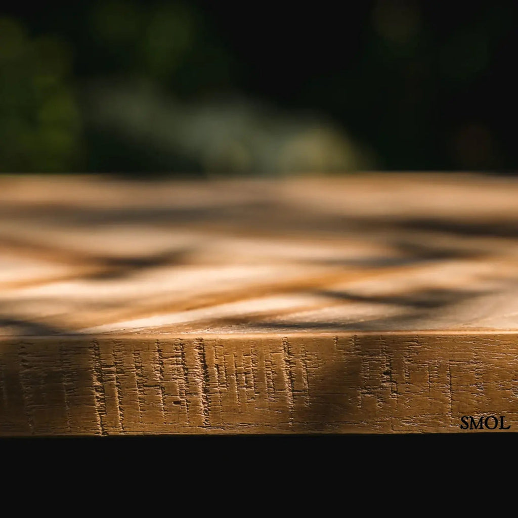 Halszálka mintás, összecsukható konzol asztal, natúr teakfa lappal és fekete fém vázzal oldalról nagyítva