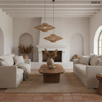 Kézzel csomózott natúr kötél függőlámpa modern geometrikus formával, nappaliban, két lámpa