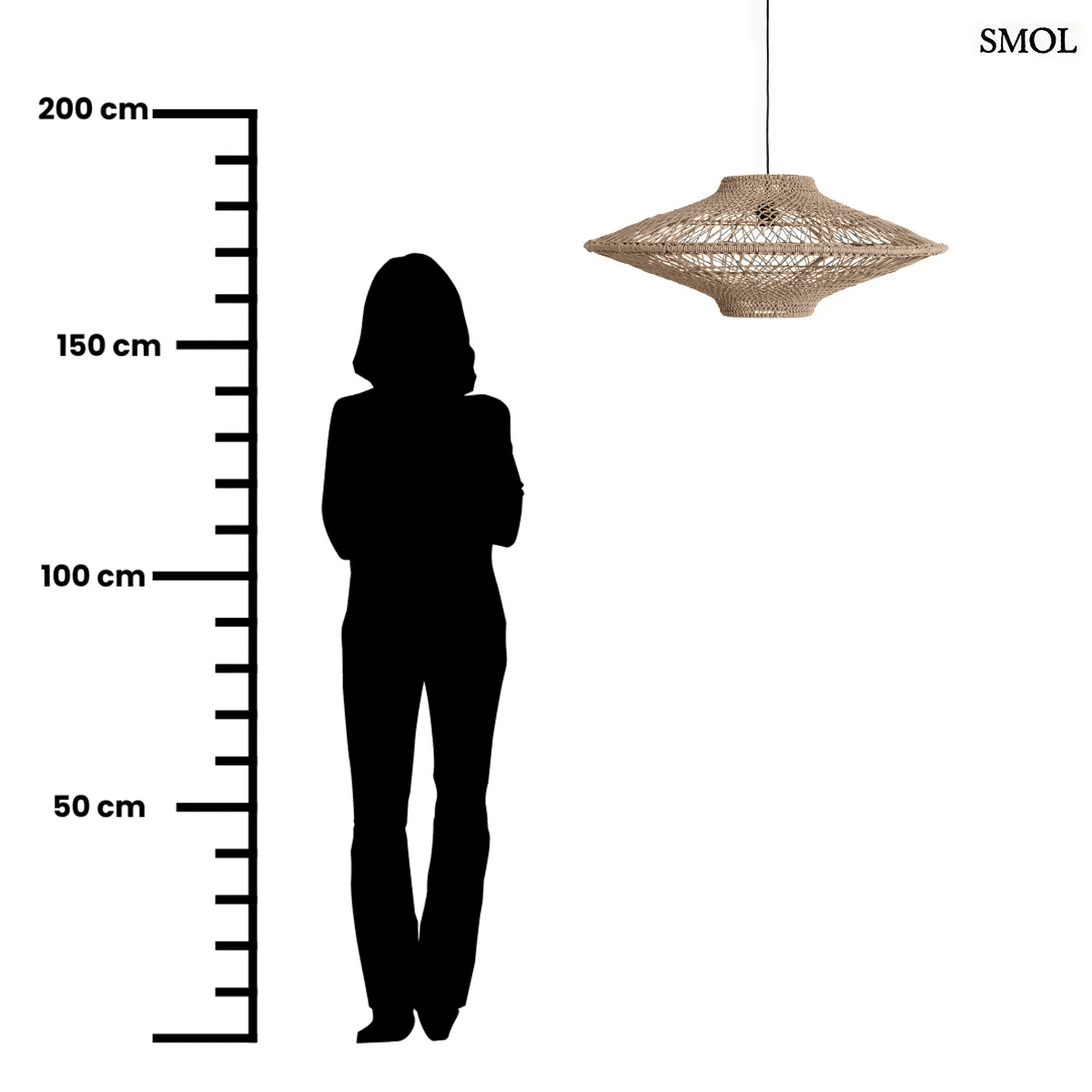 Kézzel csomózott natúr kötél függőlámpa modern geometrikus formával, méretarányosan