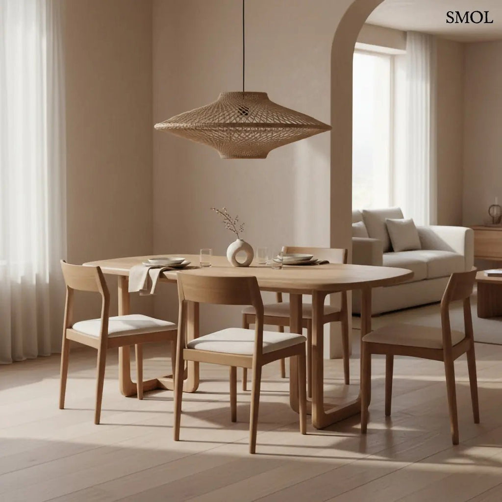 Kézzel csomózott natúr kötél függőlámpa modern geometrikus formával, étkezőasztal felett