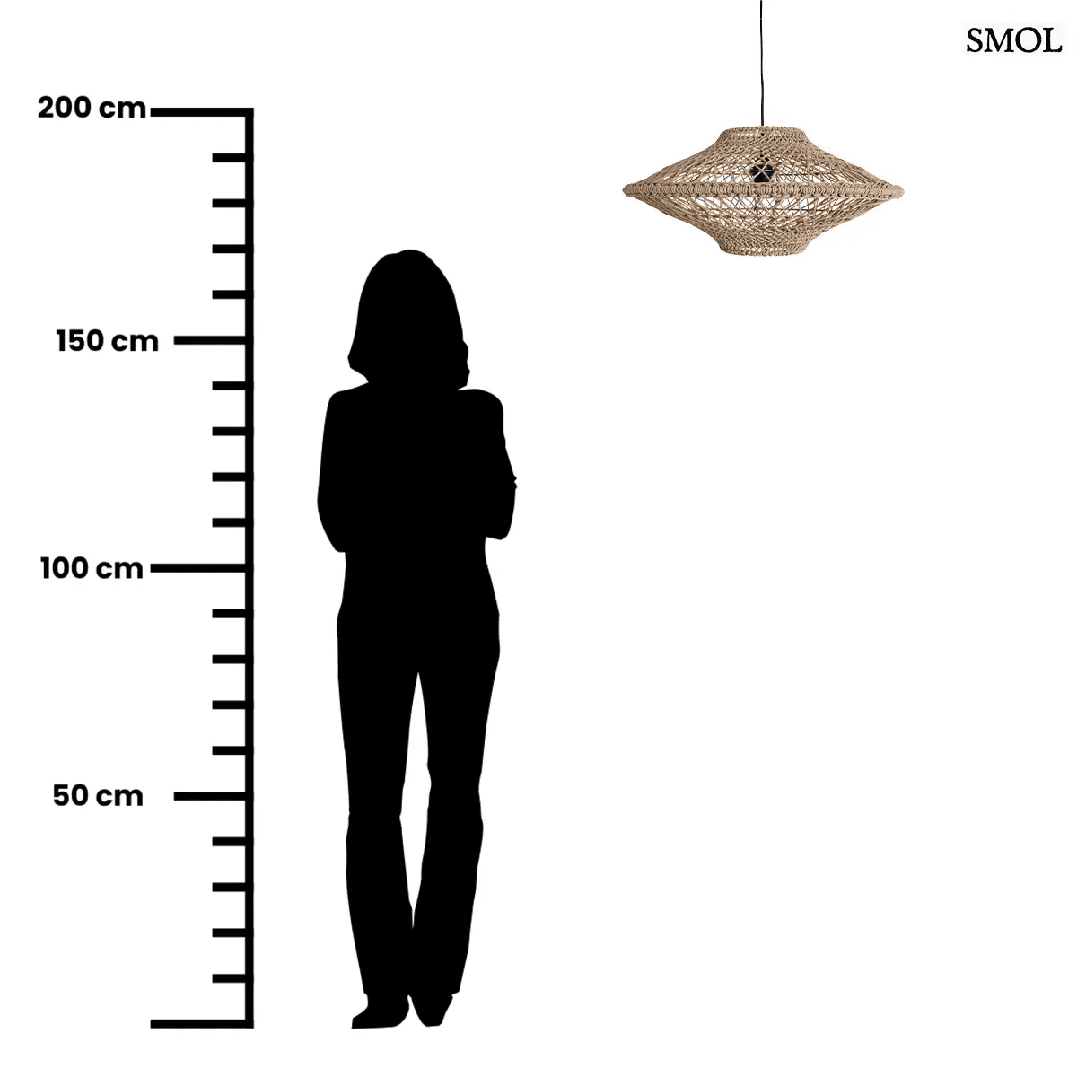 Kézzel szőtt, natúr barna kötél függőlámpa nyitott fonott mintázattal és fekete vezetékkel, méretarányosan
