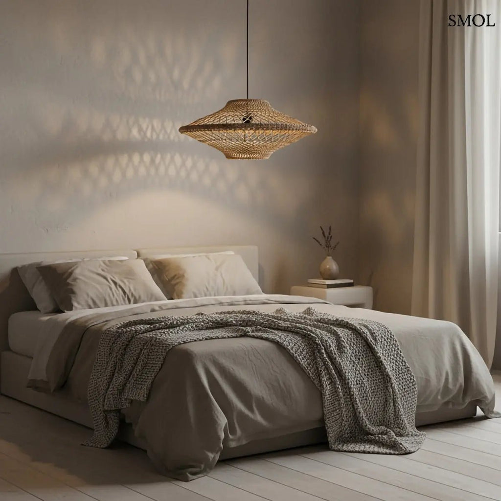 Kézzel szőtt, natúr barna kötél függőlámpa nyitott fonott mintázattal és fekete vezetékkel, hálószobában, ágy felett