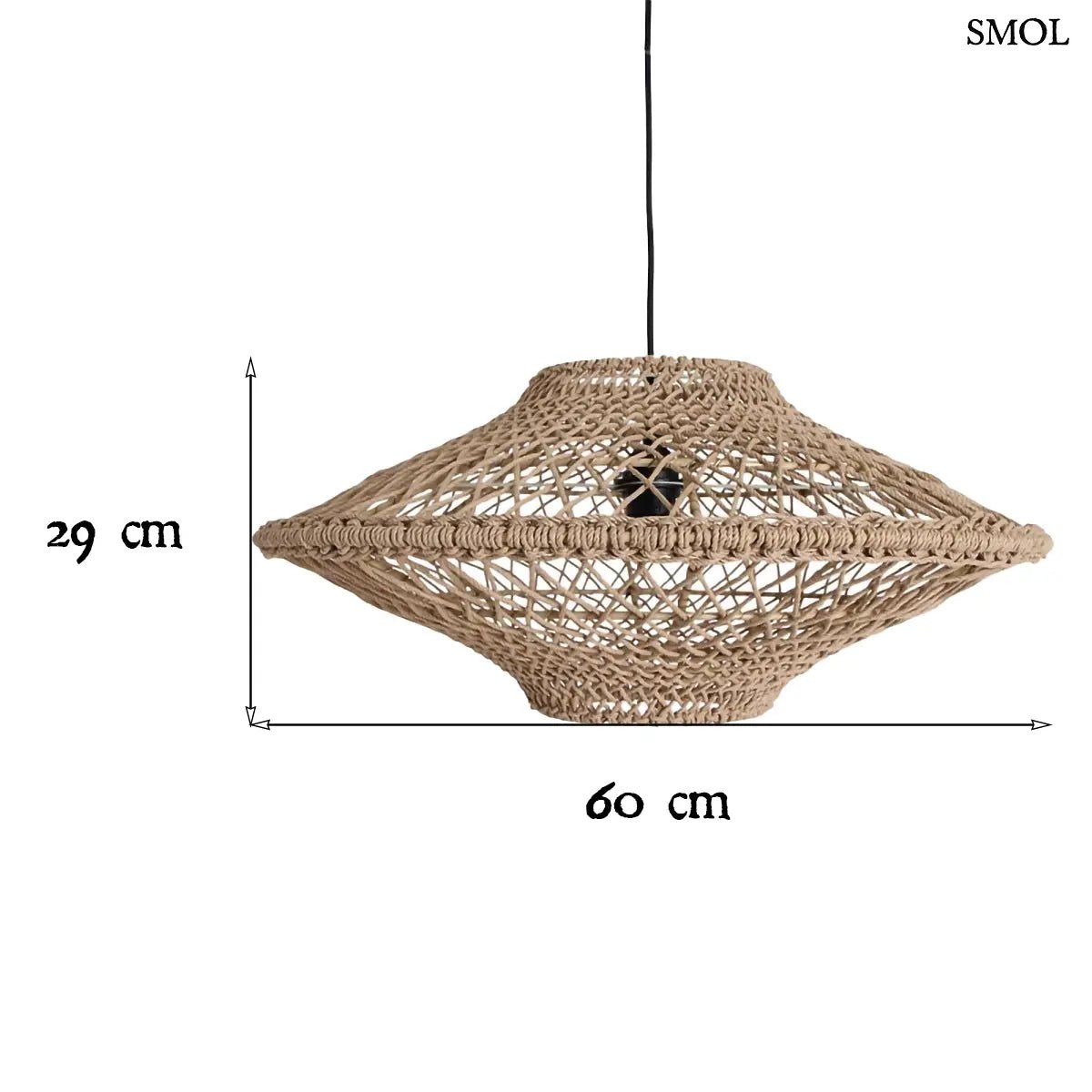 Kézzel szőtt, natúr barna kötél függőlámpa nyitott fonott mintázattal és fekete vezetékkel, méretekkel