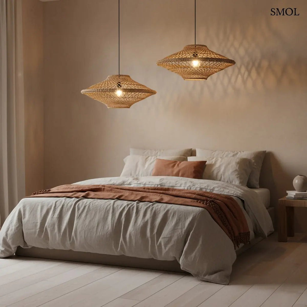 Kézzel szőtt, natúr barna kötél függőlámpa nyitott fonott mintázattal és fekete vezetékkel, két lámpa ágy felett hálószobában