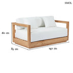 Modern kétszemélyes kültéri kanapé újrahasznosított teakfából, fehér Sunbrella párnákkal, méretekkel