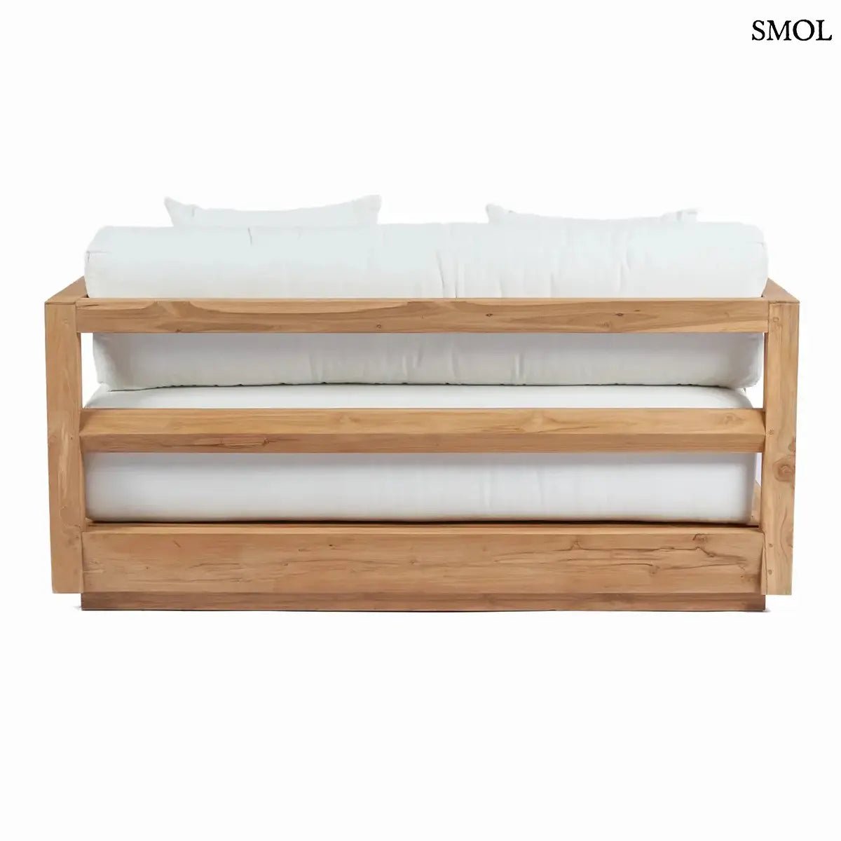 Modern kétszemélyes kültéri kanapé újrahasznosított teakfából, fehér Sunbrella párnákkal, hátulról