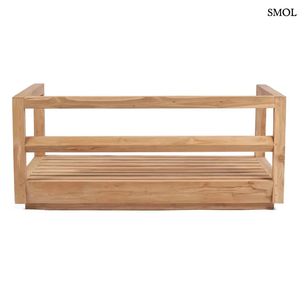 Modern kétszemélyes kültéri kanapé újrahasznosított teakfából, fehér Sunbrella párnákkal, váz hátulról