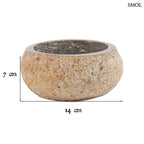 Rusztikus fekete lávakő tál kívül durva, belül csiszolt textúrával, természetes vulkanikus kőből, méretekkel