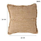 Natúr-barna lenvászon díszpárnahuzat. Rojtos szegéllyel és vízszintes díszítőcsíkkal, méretekkel
