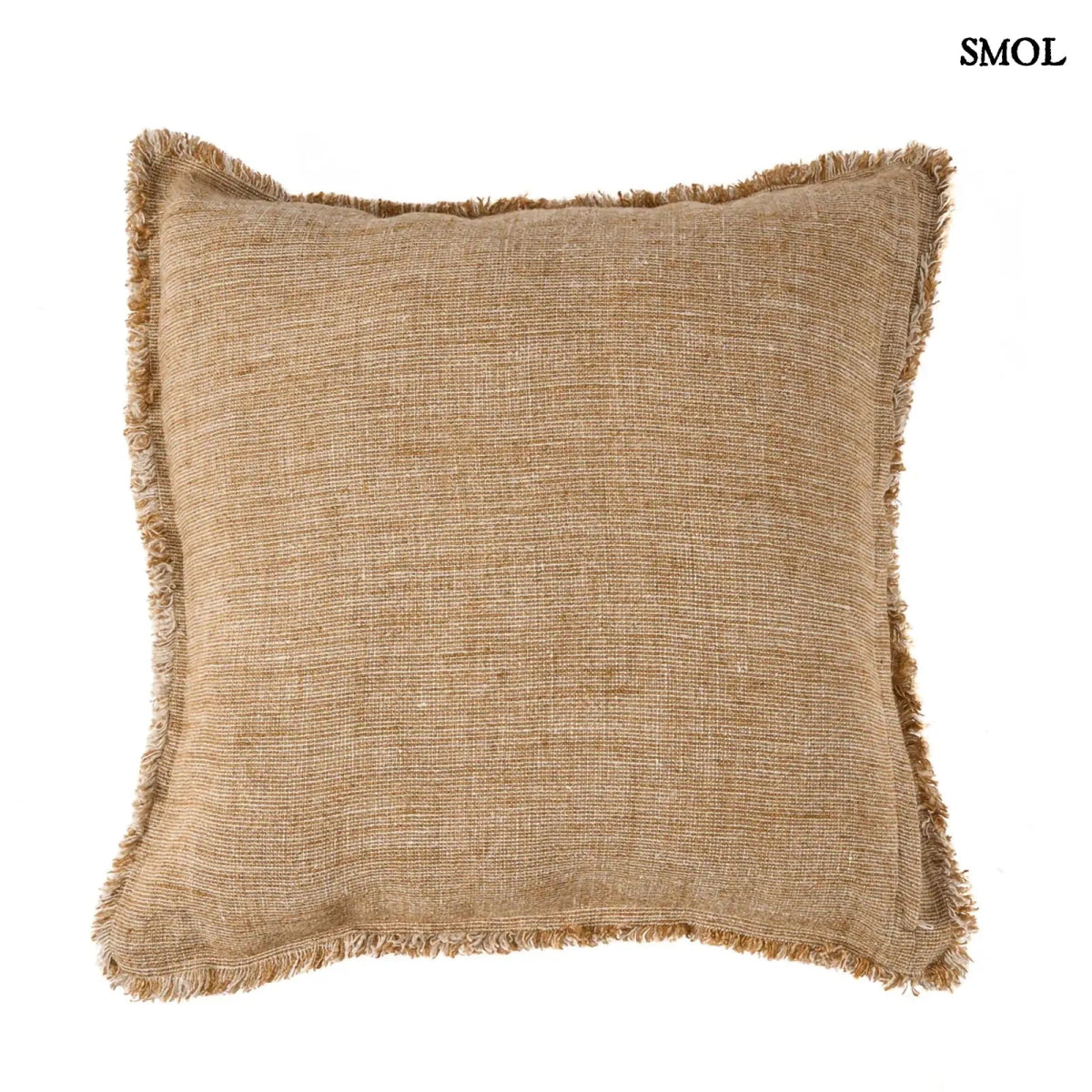 Natúr-barna lenvászon díszpárnahuzat. Rojtos szegéllyel és vízszintes díszítőcsíkkal, hátulról